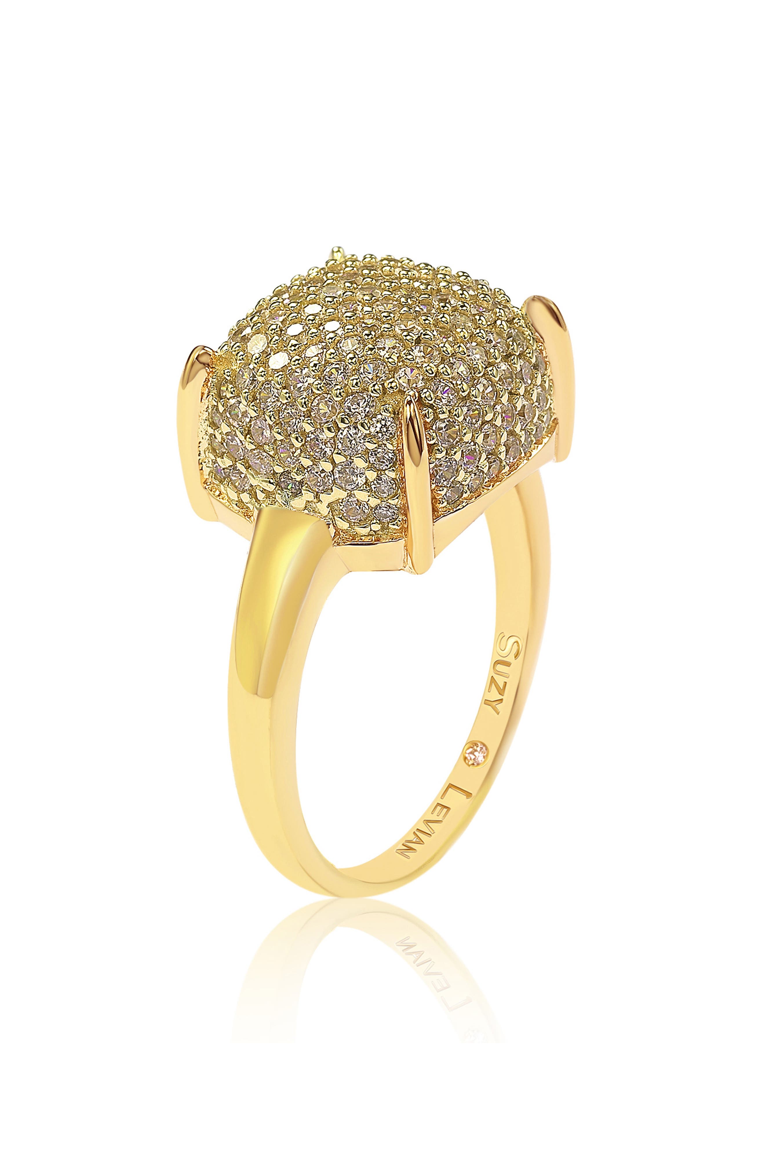 SUZY LEVIAN Yellow-Tone Sterling Silver Prong Set Cushion Shape Pave CZ Ring