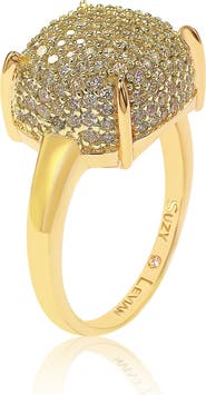 SUZY LEVIAN Yellow-Tone Sterling Silver Prong Set Cushion Shape Pave CZ Ring