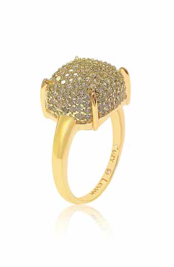 Yellow-Tone Sterling Silver Prong Set Cushion Shape Pave CZ Ring
