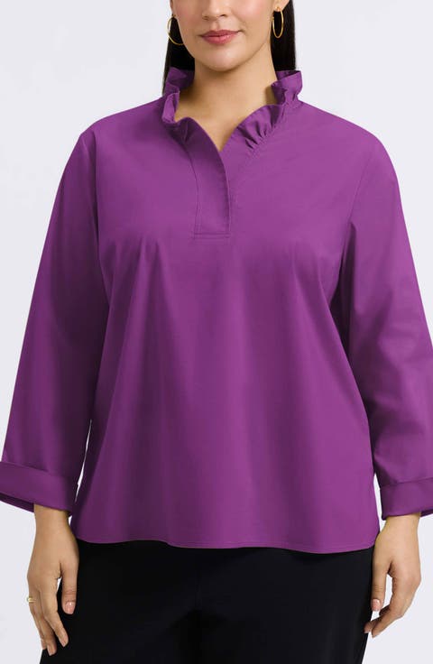 売れ筋商品|||エロクイ カットソー トップス レディース Women's Plus Size Satin Notch Collar Blouse Beetroot purple IN'VOLAND Plus Size Women's Long Sleeve V-Neck Stripes