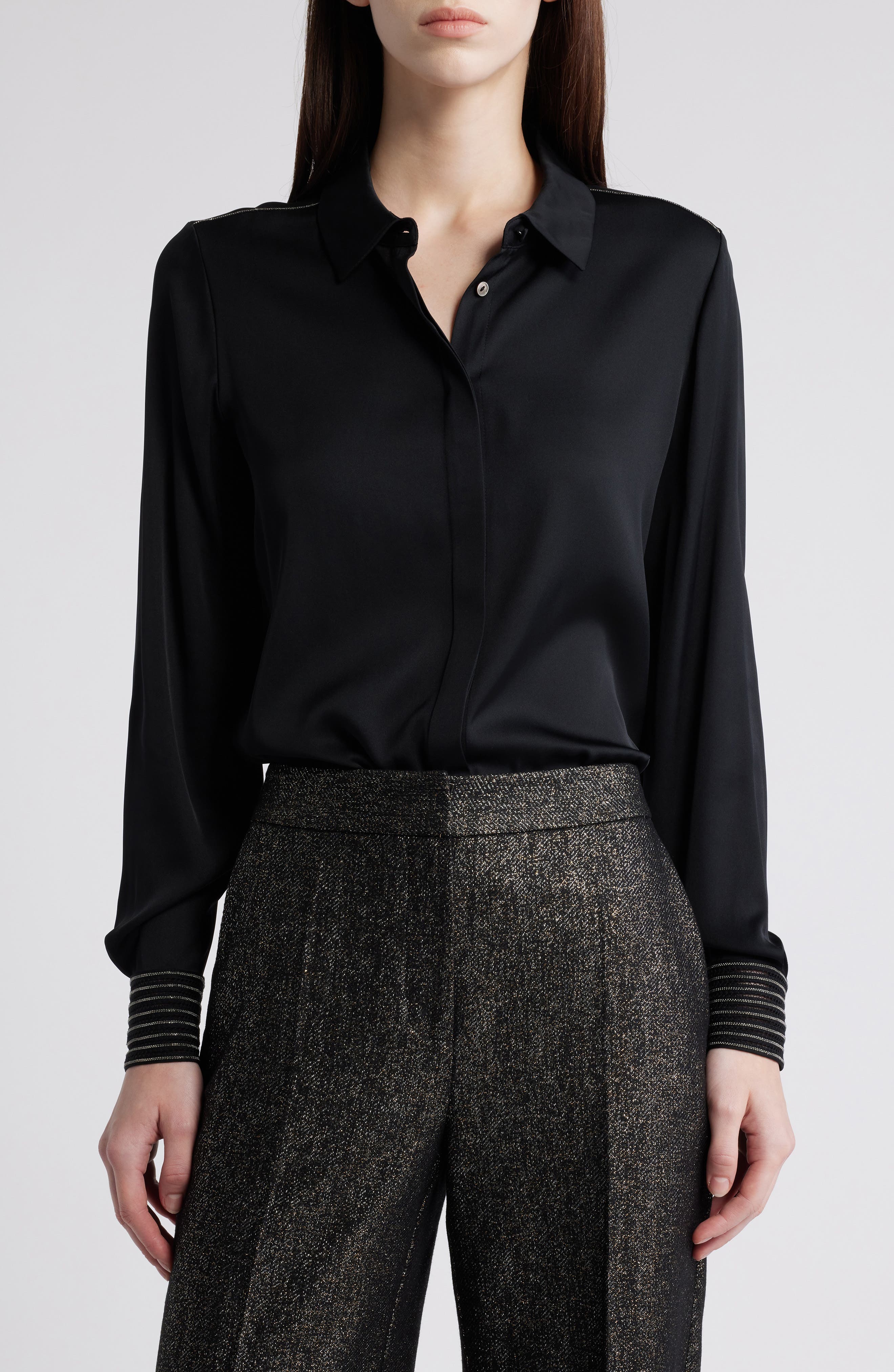 Bead Detail Stretch Silk Georgette Button-Up Shirt