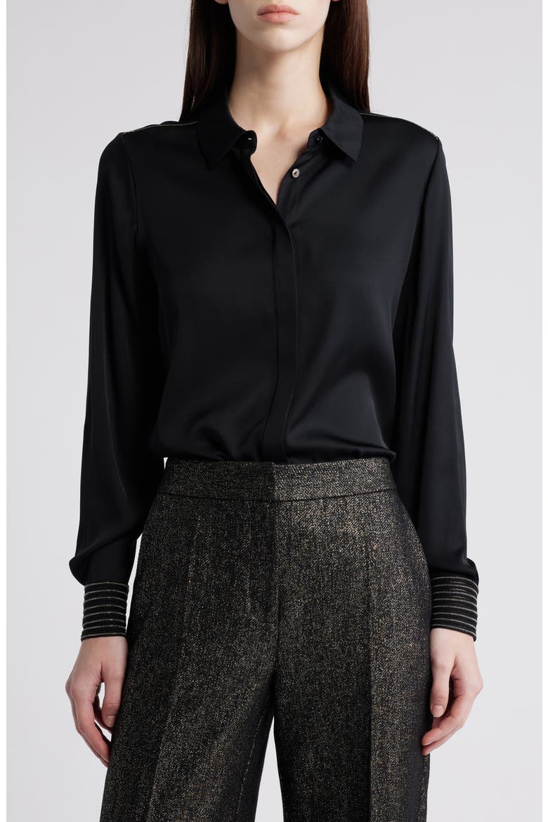 Bead Detail Stretch Silk Georgette Button-Up Shirt, Main, color, BLACK