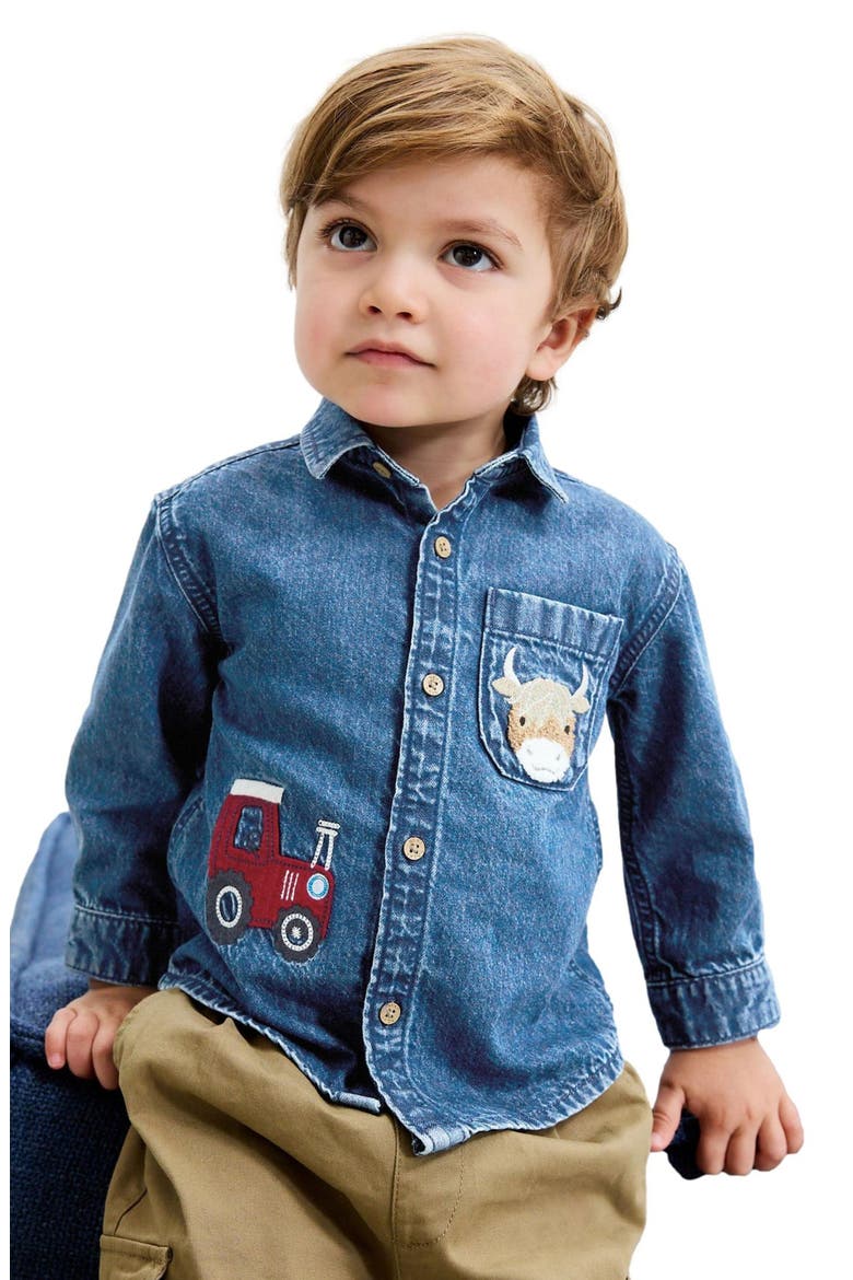 Kids' Farm Appliqué Denim Button-Up Shirt, Alternate, color, BLUE