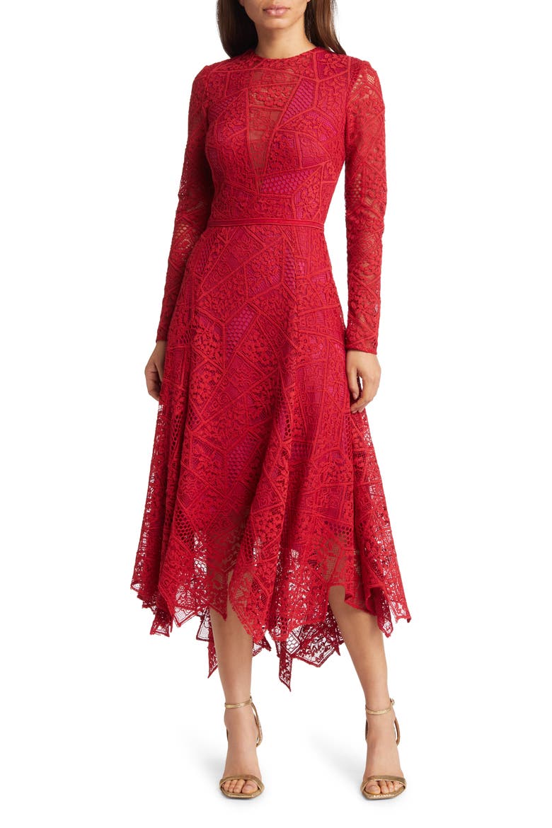 Long Sleeve Lace Handkerchief Hem Midi Dress, Main, color, LAVA RED