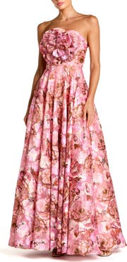Mac Duggal Strapless Floral Printed A-Line Gown With 3D Flower
