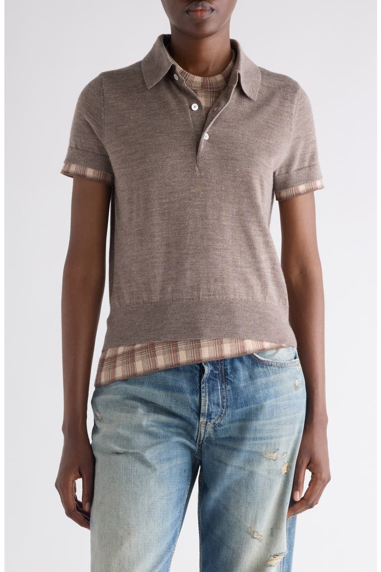 Layered Short Sleeve Wool Polo Sweater, Main, color, LIGHT BROWN MELANGE
