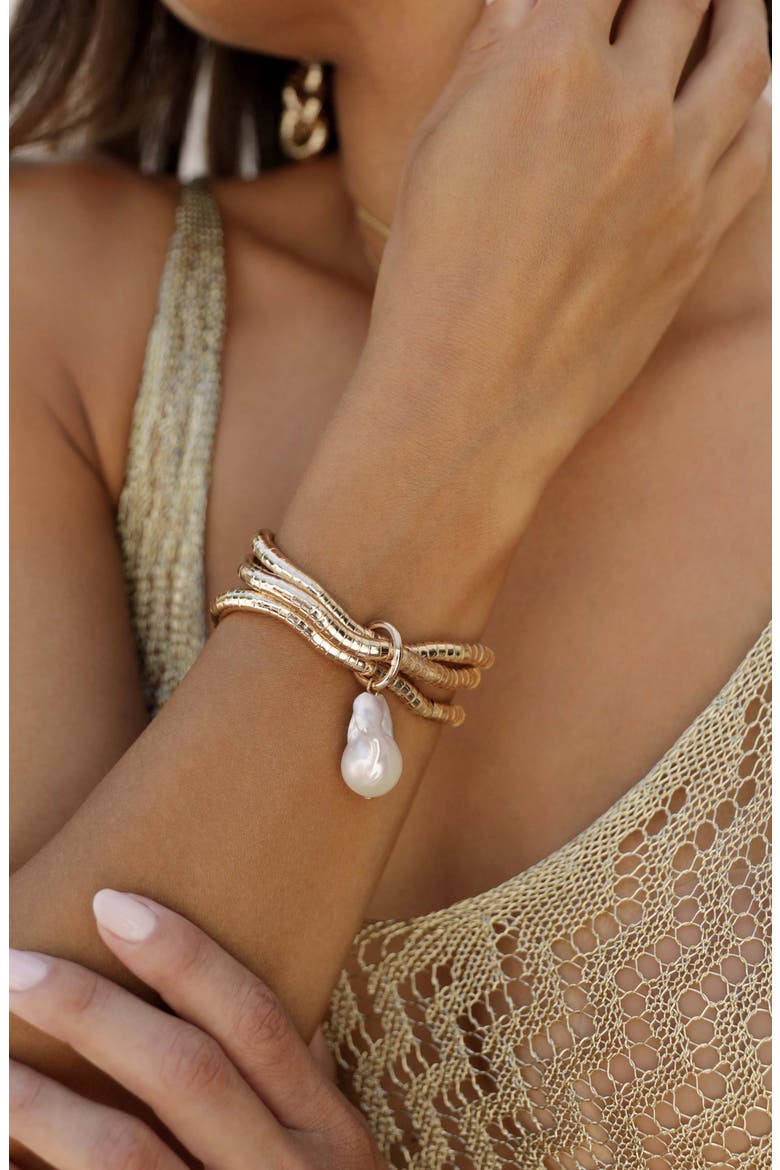Freshwater Pearl Drop Layered Stretch Bracelet, Alternate, color, GOLD