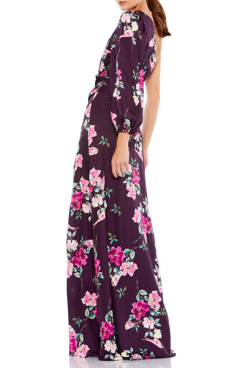 Floral One-Sleeve Charmeuse Gown with Slit, Alternate, color, PLUM FLORAL