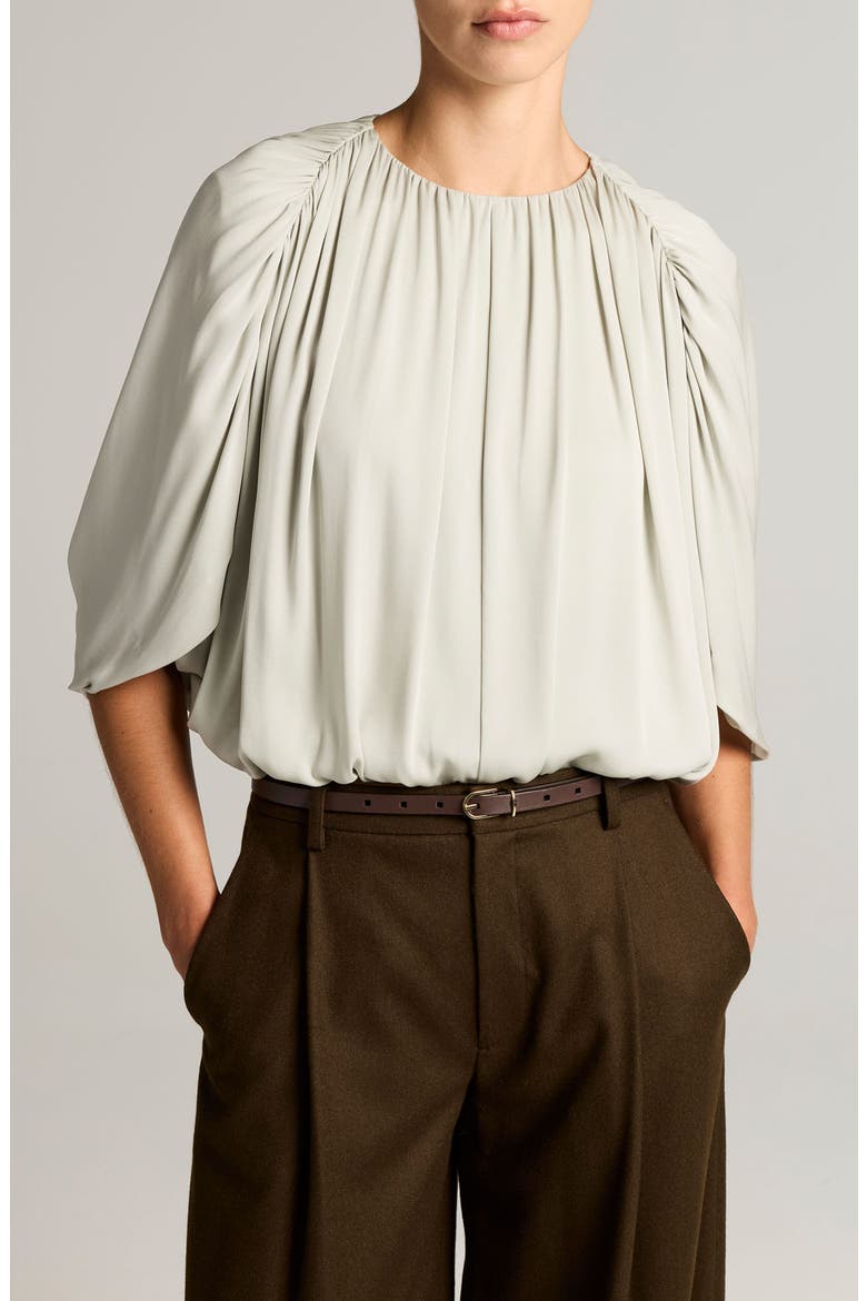 Gathered Silk Cape Bubble Top, Main, color, STONE SAGE