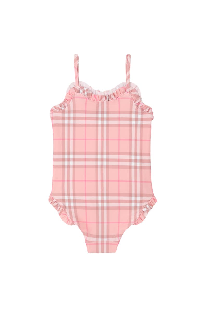 Burberry Ruffle Trim Check Swimsuit, Alternate, color, Peony Pink