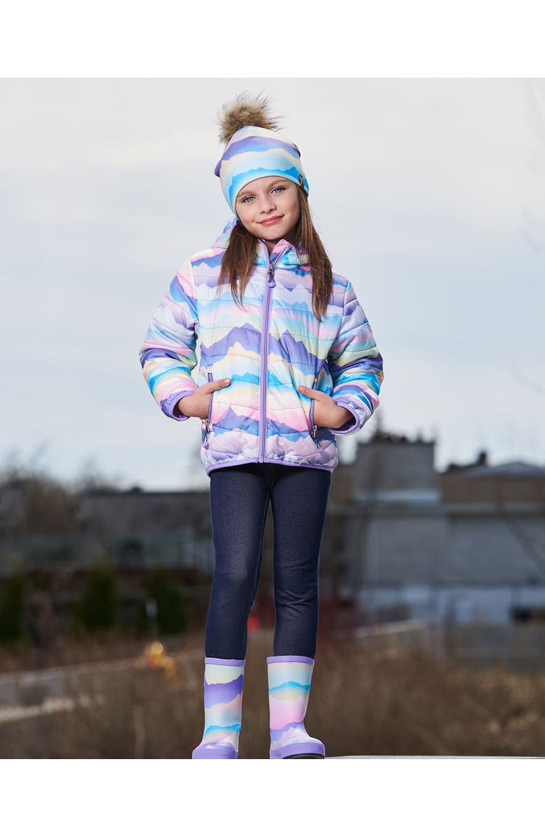 Deux par Deux Girl's Printed Quilted Mid-Season Jacket Mauve And Blue, Pink Mountain, Alternate, color,
