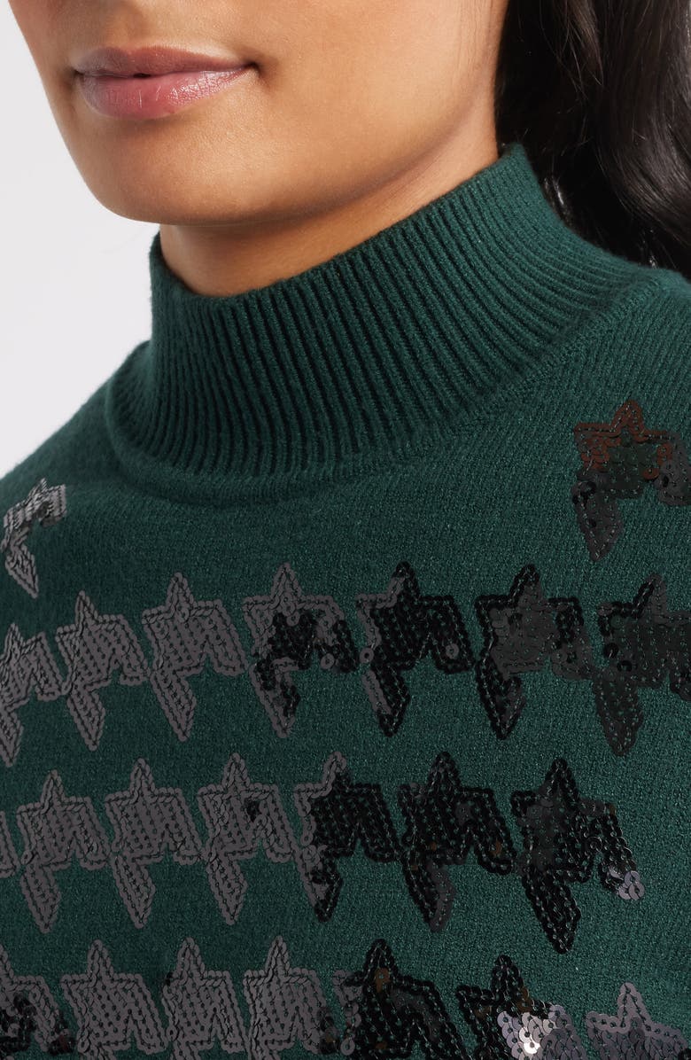 Anne Klein Sequin Houndstooth Mock Neck Sweater, Alternate, color, Pine Forest