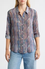 APNY Abstract Print Roll Tab Sleeve Chiffon Button-Up Shirt