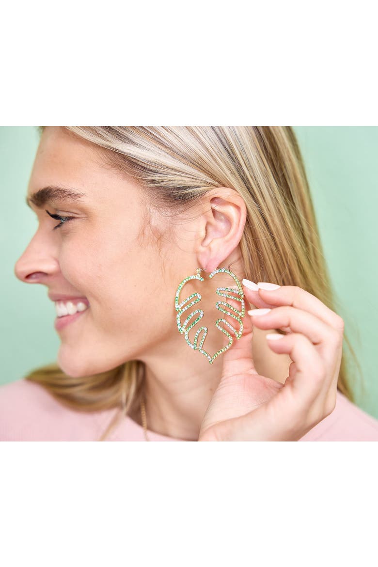Palm Paradise Leaf Rhinestone Earrings - Hypoallergenic Snap Lever Hoop, Gold Metal Palm Leaf with Multicolor Rhinestones, 2.5x1.9 Inch, Alternate, color, Green