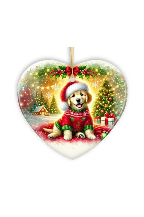 Golden Retriever Santa Hat Holiday Heart Ornament
