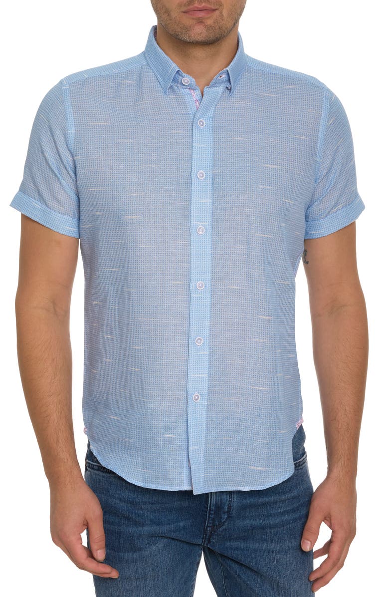 Robert Graham Sloan Houndstooth Short Sleeve Linen & Cotton Button-Down Shirt, Main, color,
