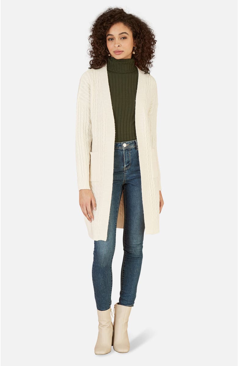 Yumi Cable Knit Long Sleeve Long Cardigan, Alternate, color, Ivory