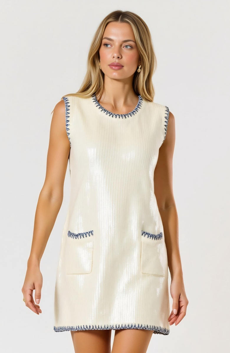 Modenaire Sleeveless Sequin-Knit Contrast-Trim Mini Dress, Main, color, Ivory/Blue