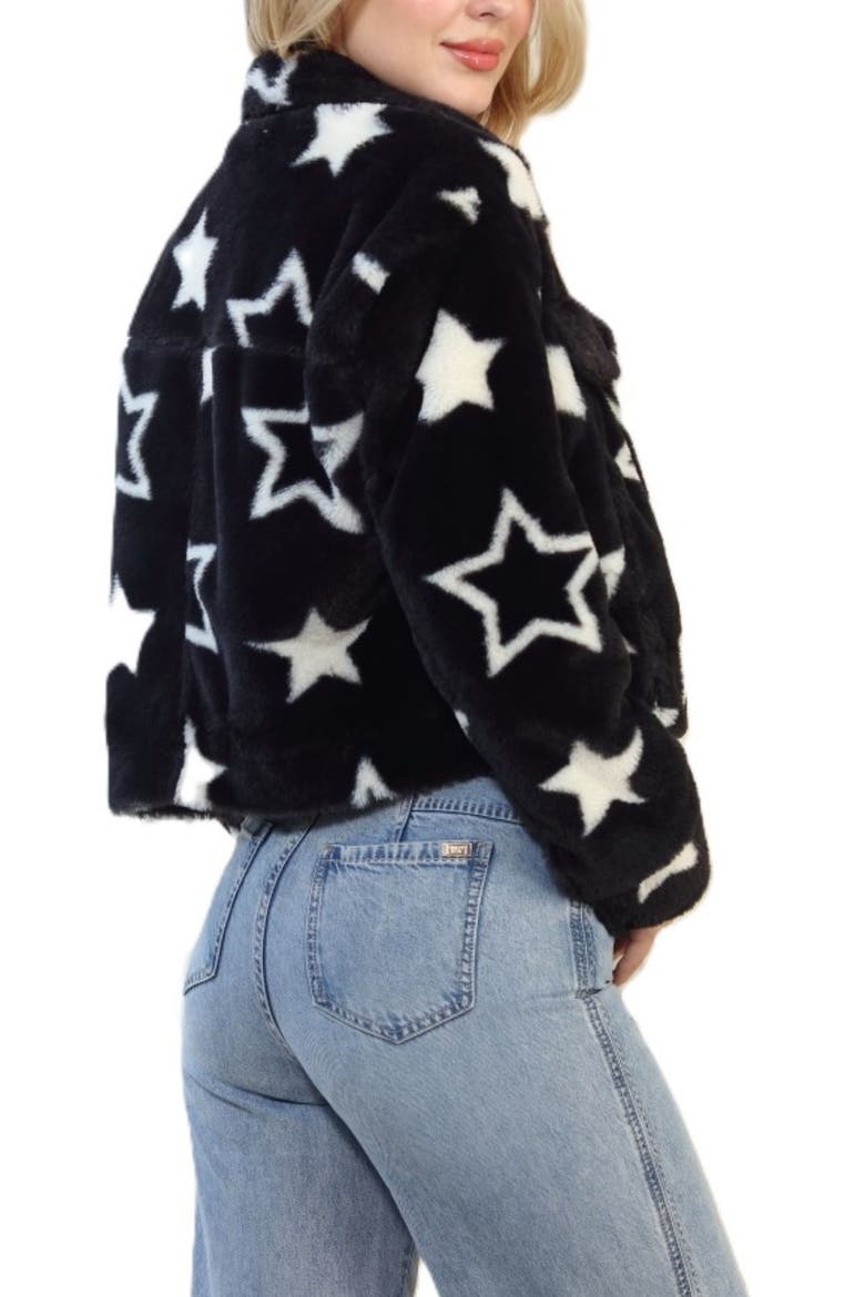 Printed Faux Fur Trucker Jacket, Alternate, color, BLACK/ WHITE STAR