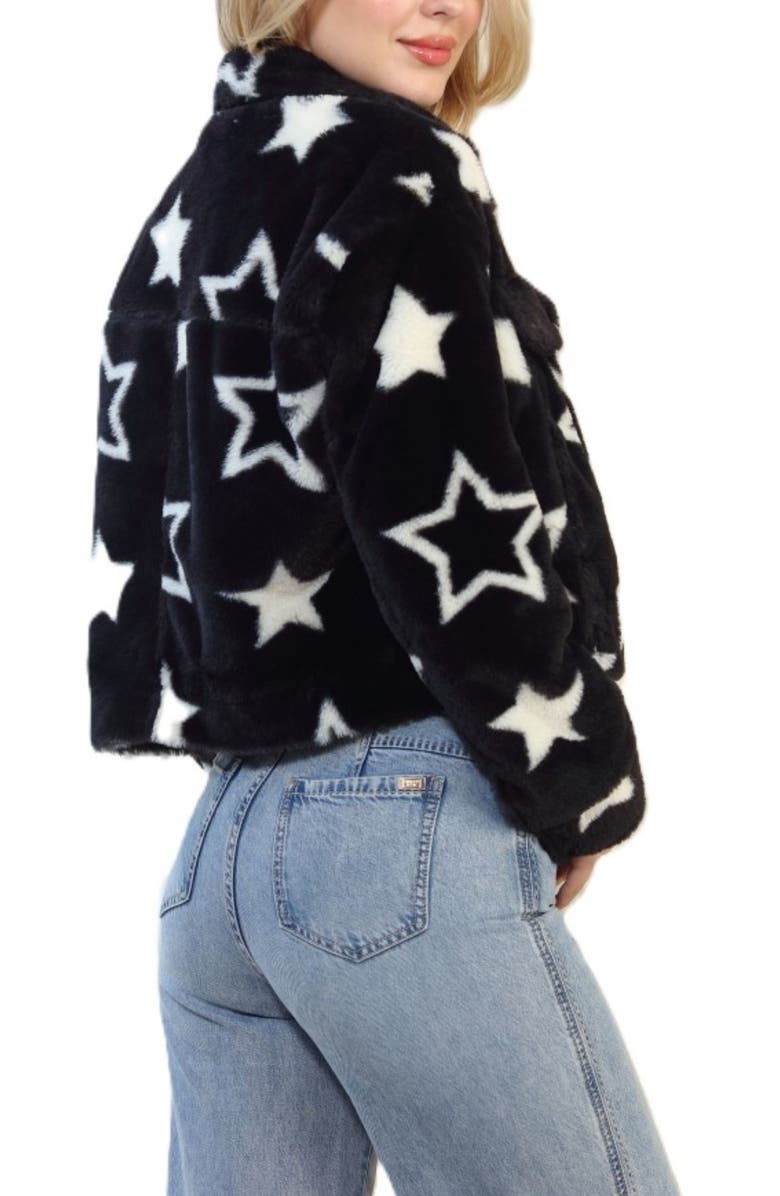Stoosh Printed Faux Fur Trucker Jacket, Alternate, color, Black/ White Star