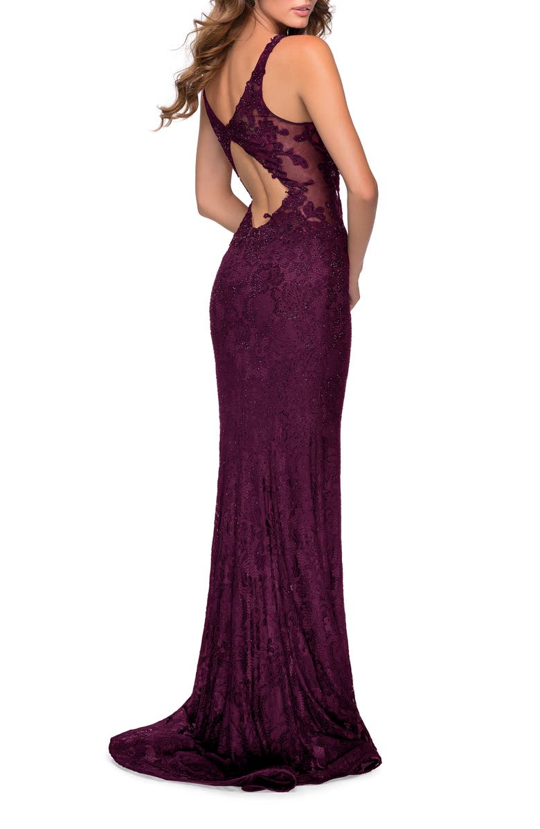 La Femme Long Lace Dress with Plunging Neckline, Alternate, color, Dark Berry