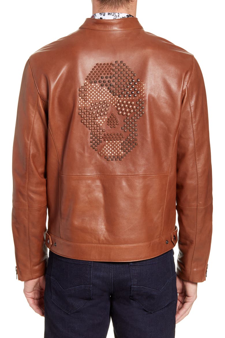 Roscoe Skull Studded Leather Jacket, Alternate, color, BROWN
