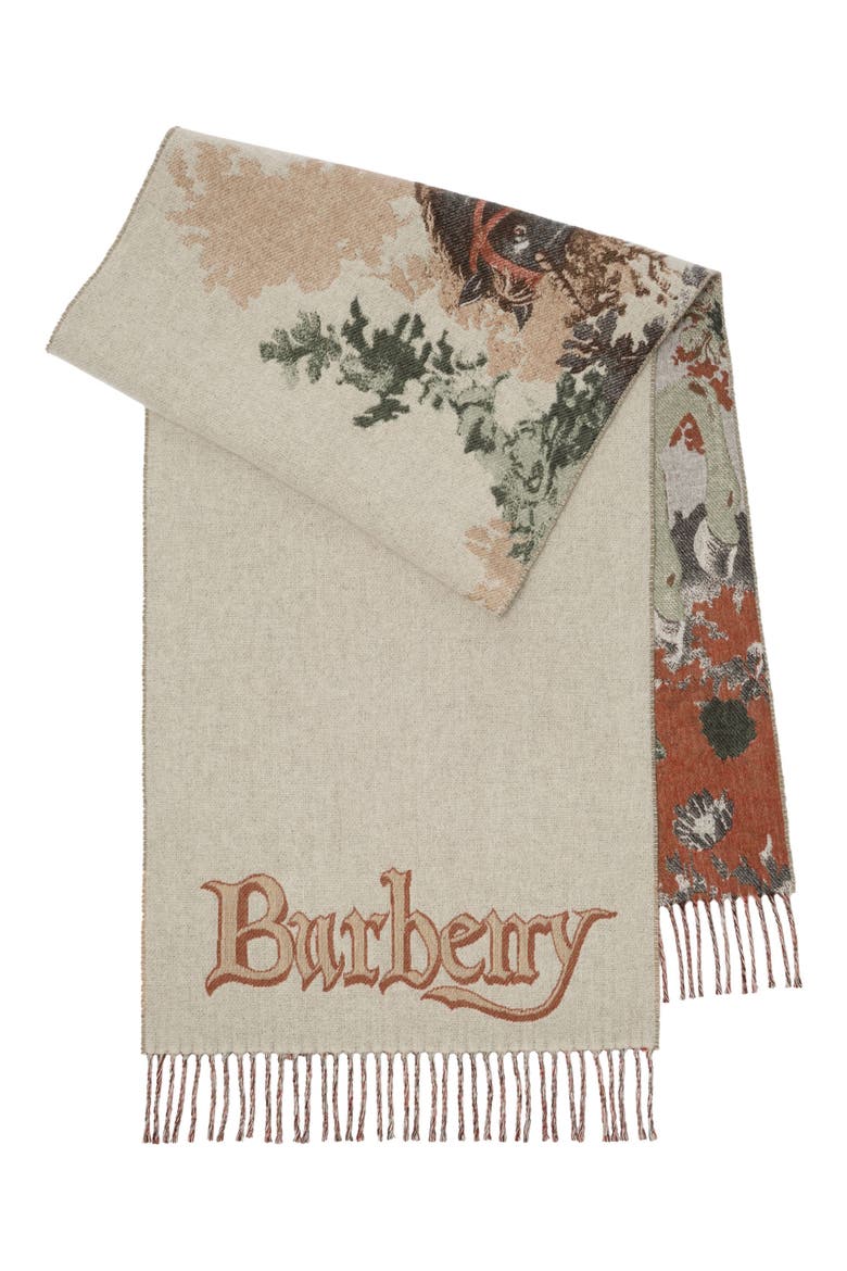Stallion Portrait Jacquard Cashmere Fringe Scarf, Alternate, color, CERAMIC WHITE