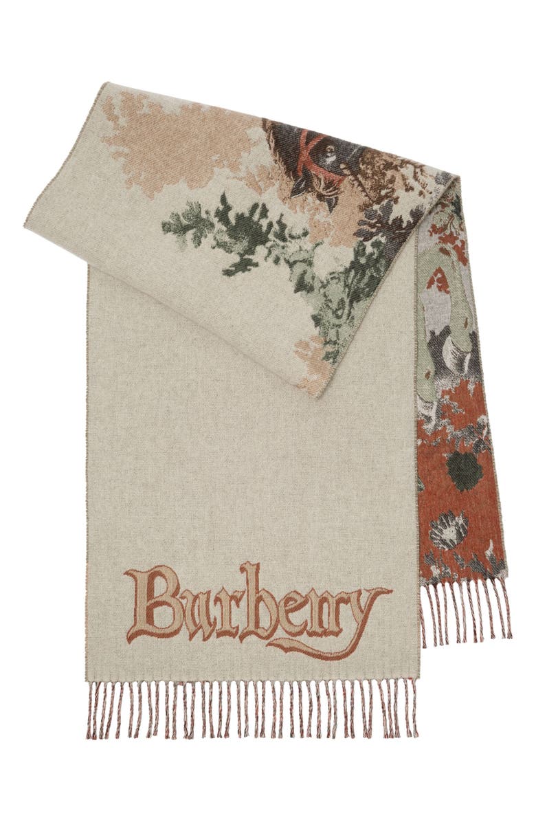 Burberry Stallion Portrait Jacquard Cashmere Fringe Scarf, Alternate, color, Ceramic White