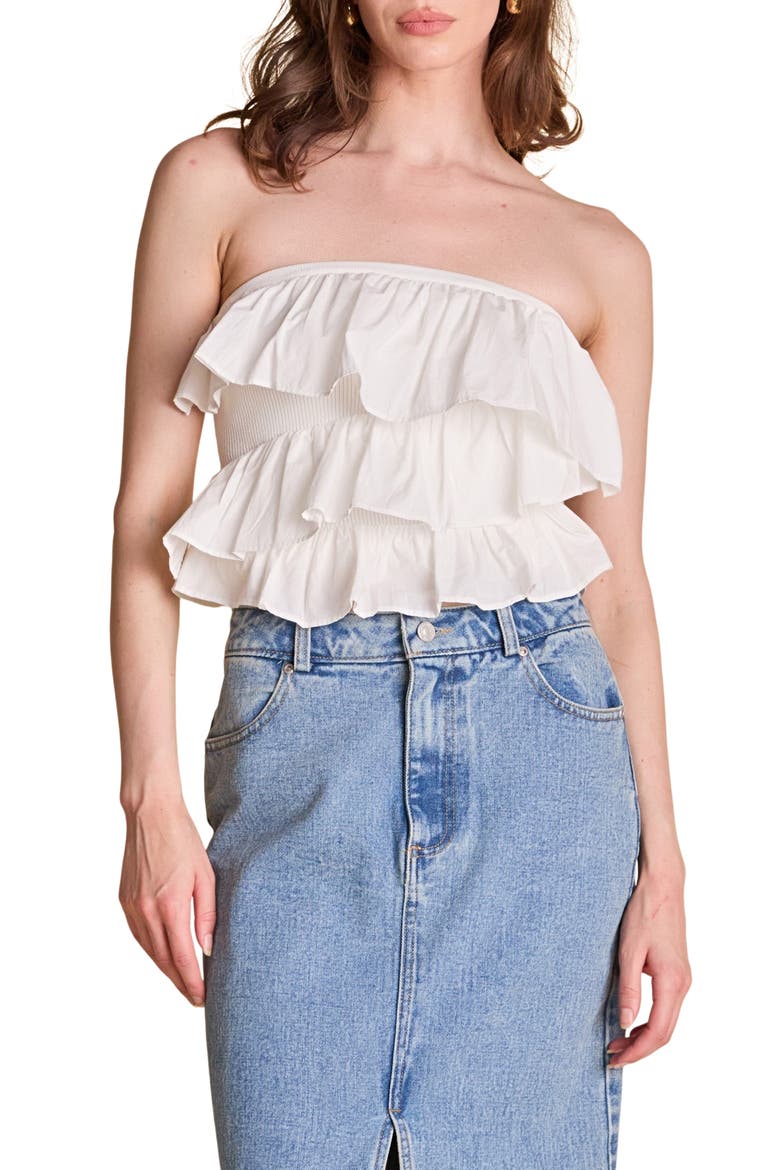 Mixed Media Ruffle Strapless Rib Tube Top, Main, color, WHITE