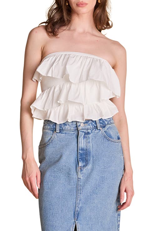Mixed Media Ruffle Strapless Rib Tube Top