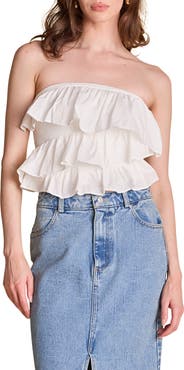 Endless Rose Mixed Media Ruffle Strapless Rib Tube Top