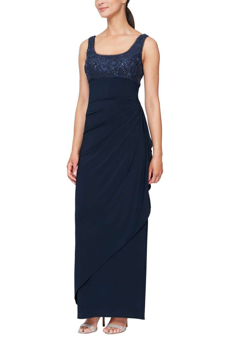 Embroidered Empire Gown with Jacket, Alternate, color, NAVY