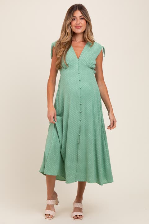 Button-Down Polka Dot Shirred Bow Midi Dress