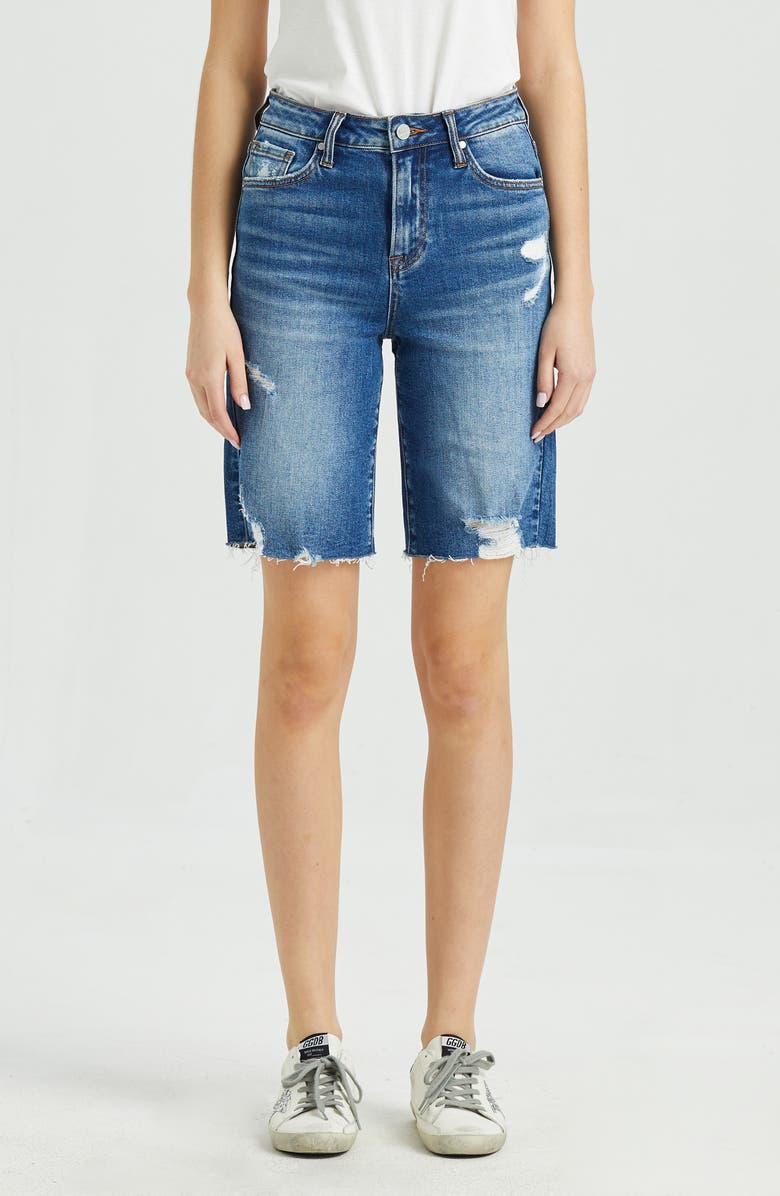 Bayeas Raw Hem High Waist Knee Length Denim Shorts, Main, color,