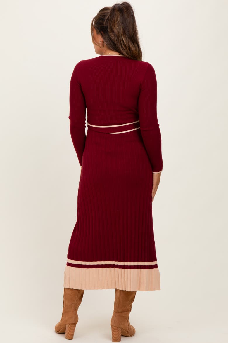 Elegant Ribbed Midi Sweater Dress With Belt, Alternate, color, Burgundy
