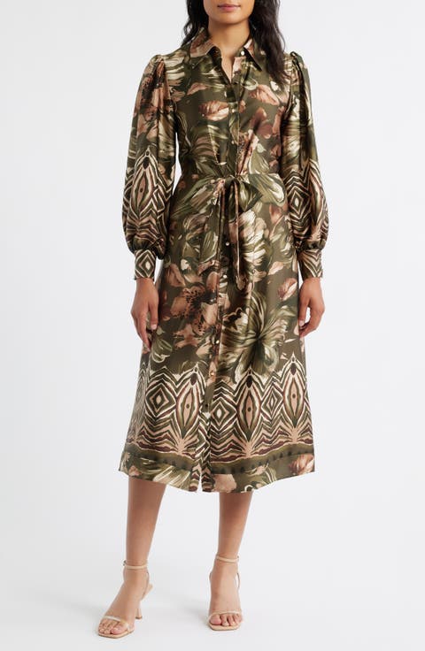 Print Long Sleeve Shirtdress