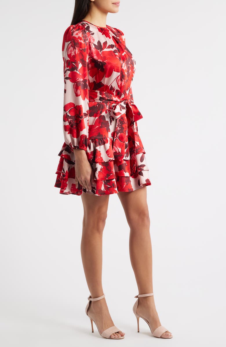 Anne Klein Floral Tiered Tie Waist Dress, Alternate, color, Rose Mist Multi