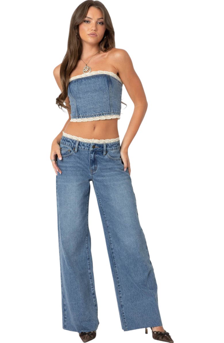 EDIKTED Karlie Lace Trim Denim Tube Top, Alternate, color, Blue