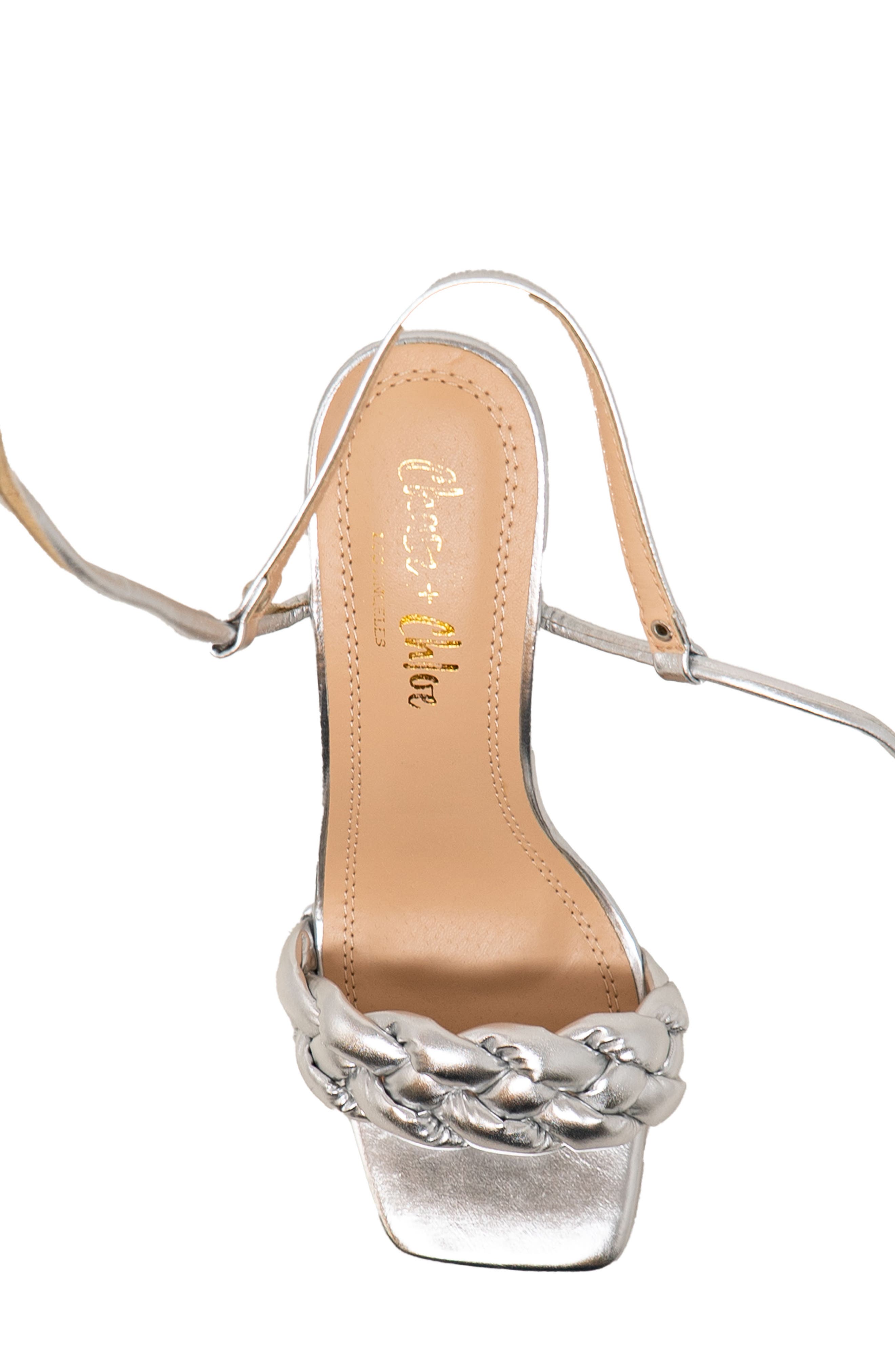 CHASE AND CHLOE Ankle Tie Braided Sandal, Alternate, color, Silver Metallic
