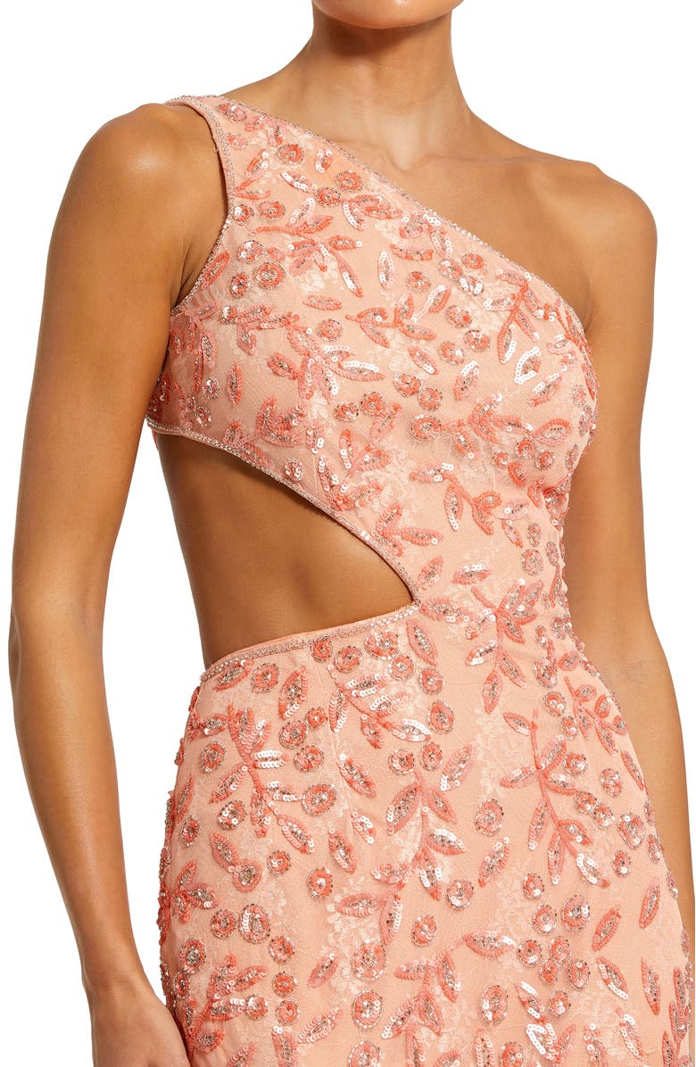 Mac Duggal Hand-Embellished One-Shoulder Gown with Waist Cut-Out and Lace-Up Back, Alternate, color, Peach