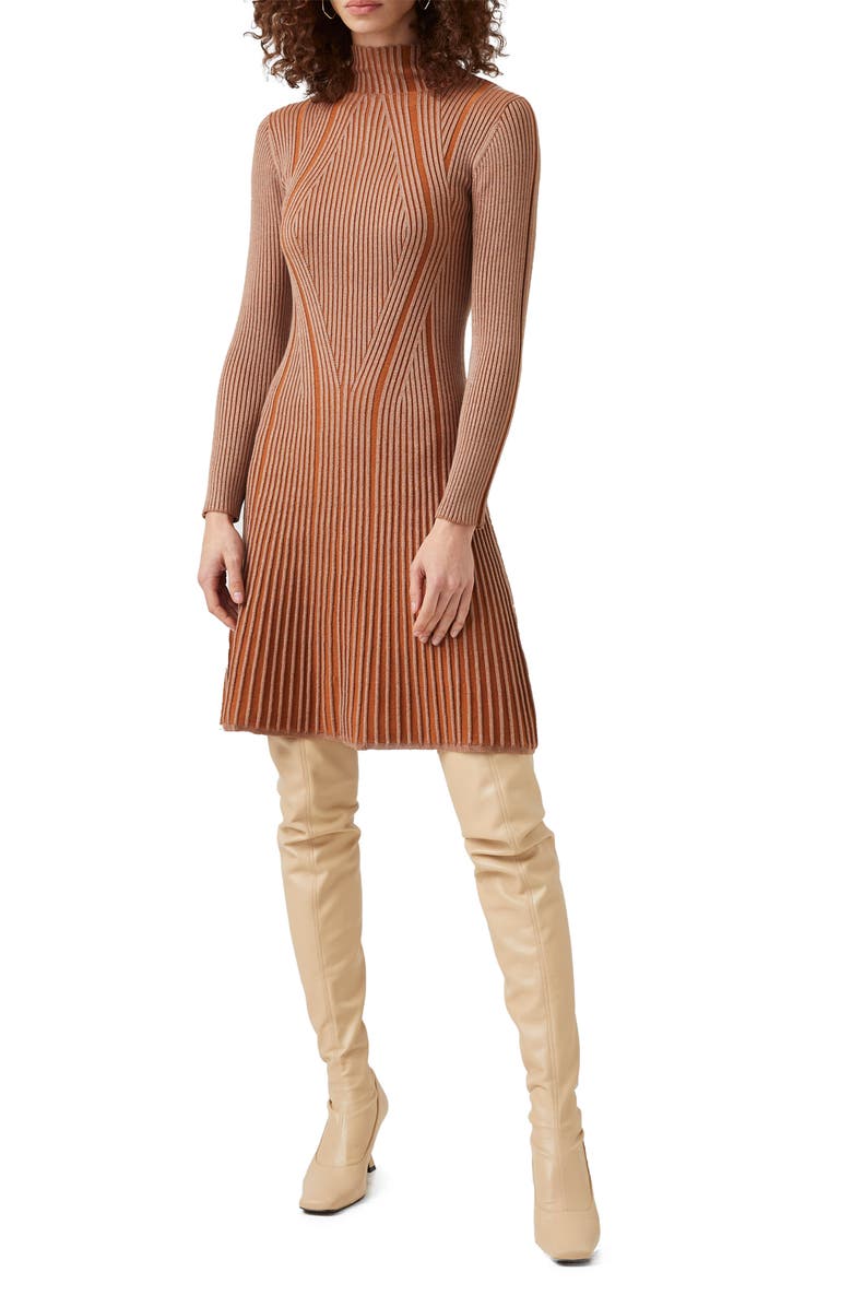 French Connection Mari Rib Knit Long Sleeve Minidress, Main, color, Camel-Glazed Ginger