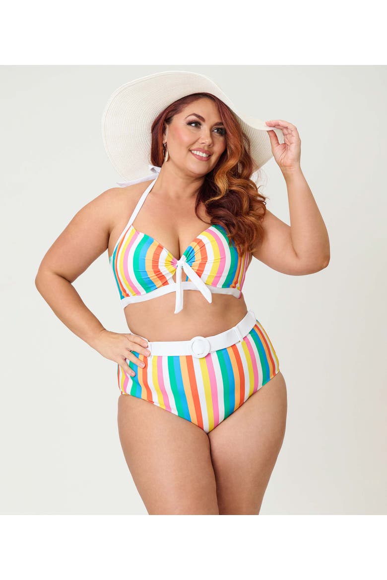 Plus Size High Waisted Belted Redondo Swim Bottoms, Alternate, color, Blue Rainbow Stripe