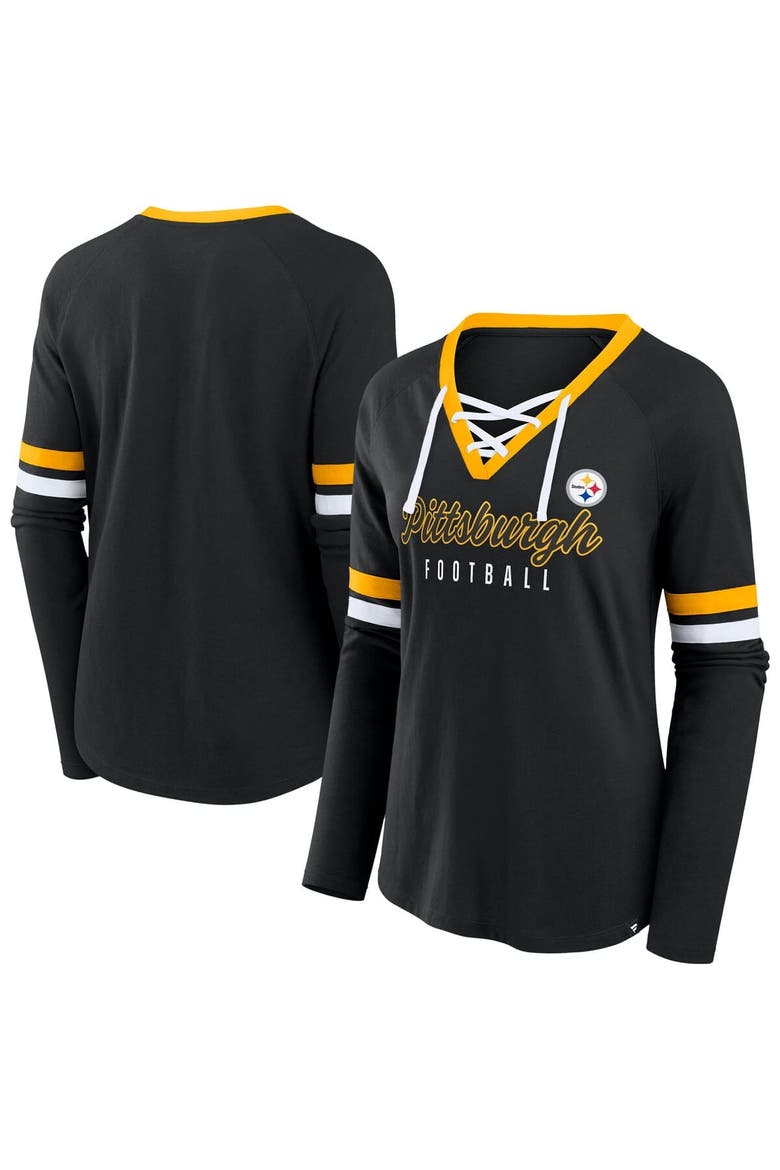 Women's Fanatics Black Pittsburgh Steelers Plus Size Won & Done Lace-Up V-Neck Long Sleeve T-Shirt, Main, color, Black