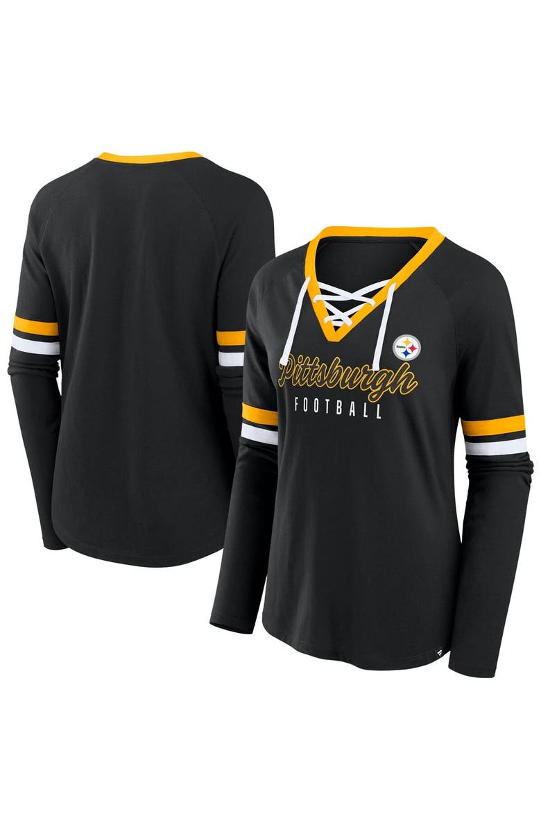 FANATICS Women's Fanatics Black Pittsburgh Steelers Plus Size Won & Done Lace-Up V-Neck Long Sleeve T-Shirt, Main, color, Black