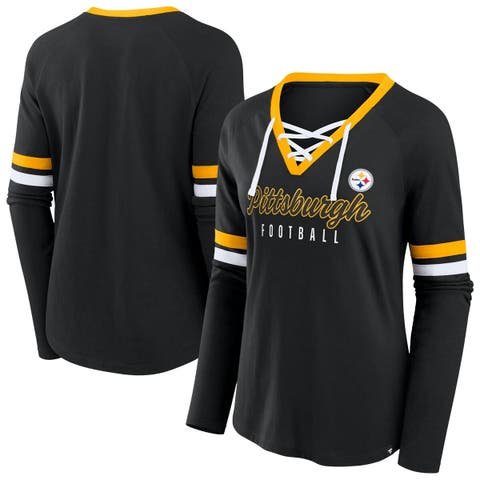 Women's Fanatics Black Pittsburgh Steelers Plus Size Won & Done Lace-Up V-Neck Long Sleeve T-Shirt