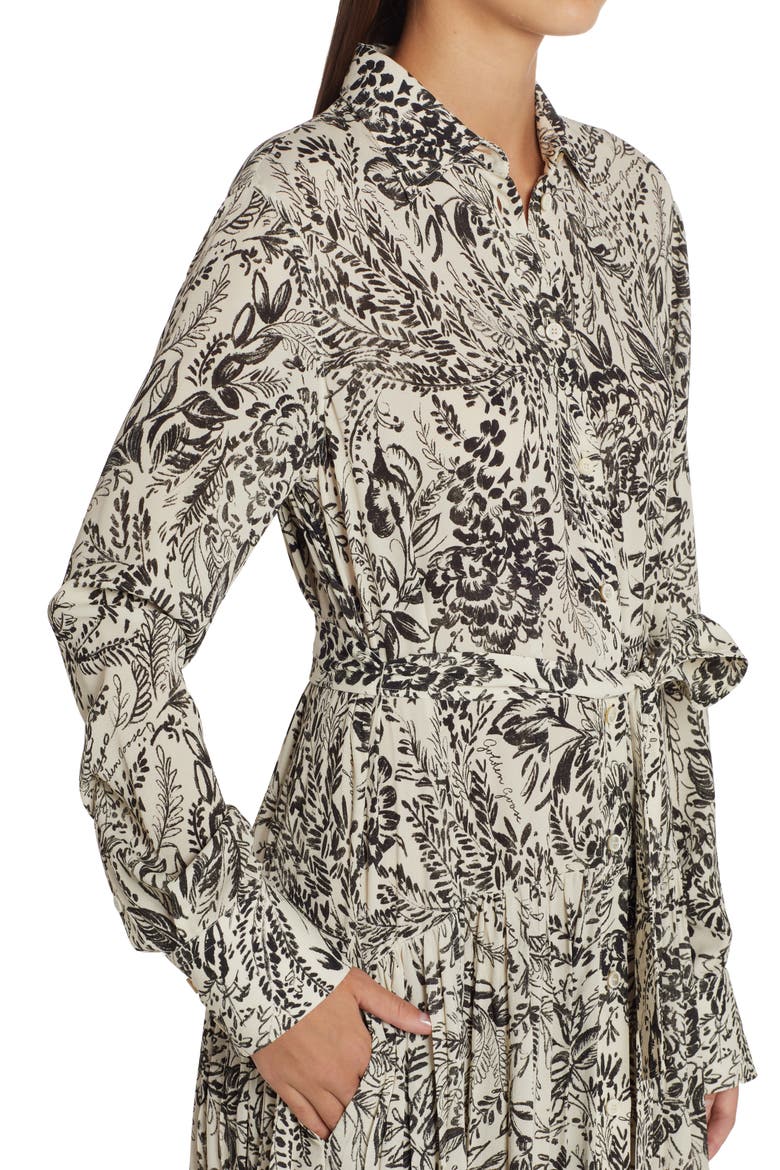 Botanical Print Pleated Crepe Shirtdress, Alternate, color, BONE WHITE/ BLACK