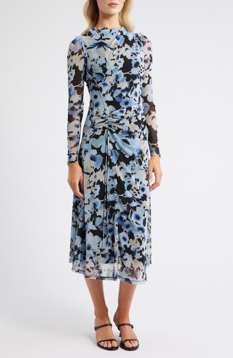 Anne Klein Ruched Long Sleeve Maxi Dress, Main, color, Anne Black Multi