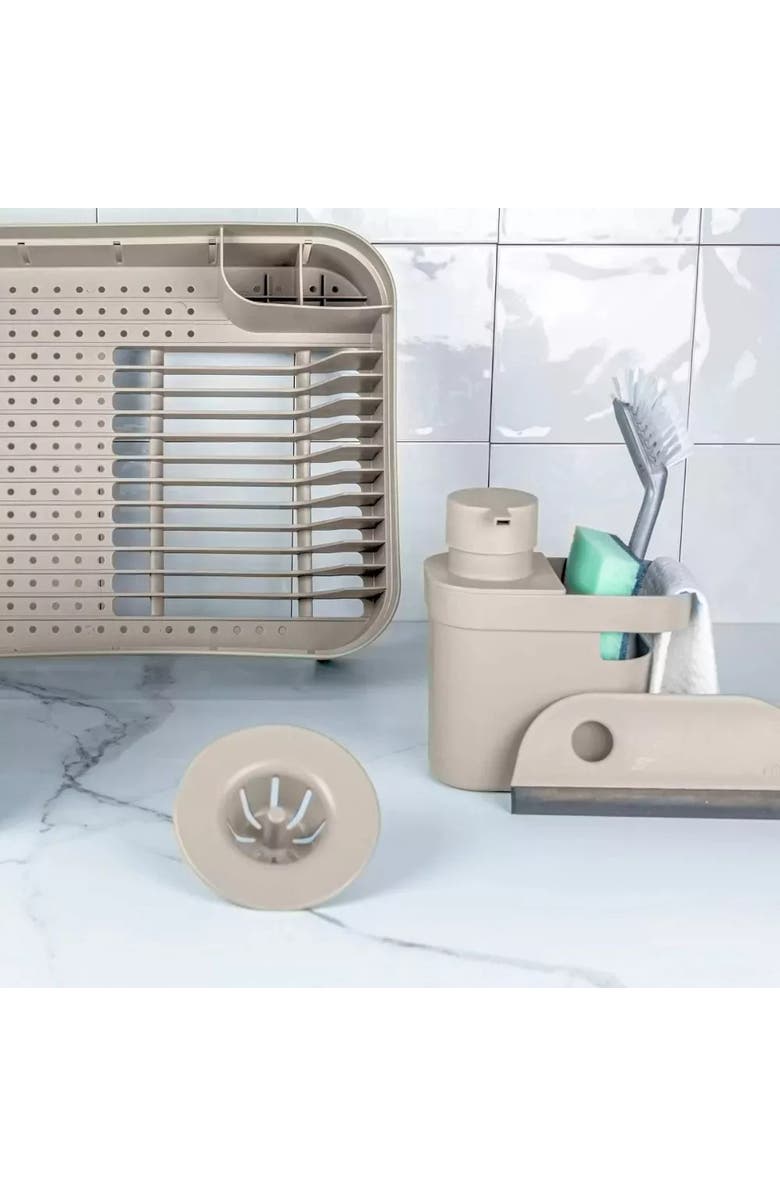 OU Durable Compact Kitchen Sink Organizer 3 Piece Set, Dish Rack, Cutlery Drainer & Soap Dispenser Caddy with Sponge Holder, Alternate, color, Beige