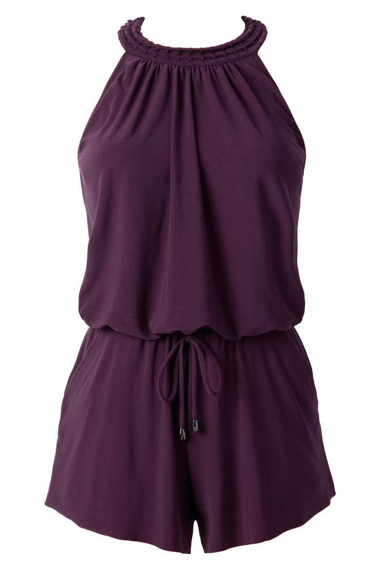 Piper Solid One-Piece Romper Swimsuit, Alternate, color, PRUNE