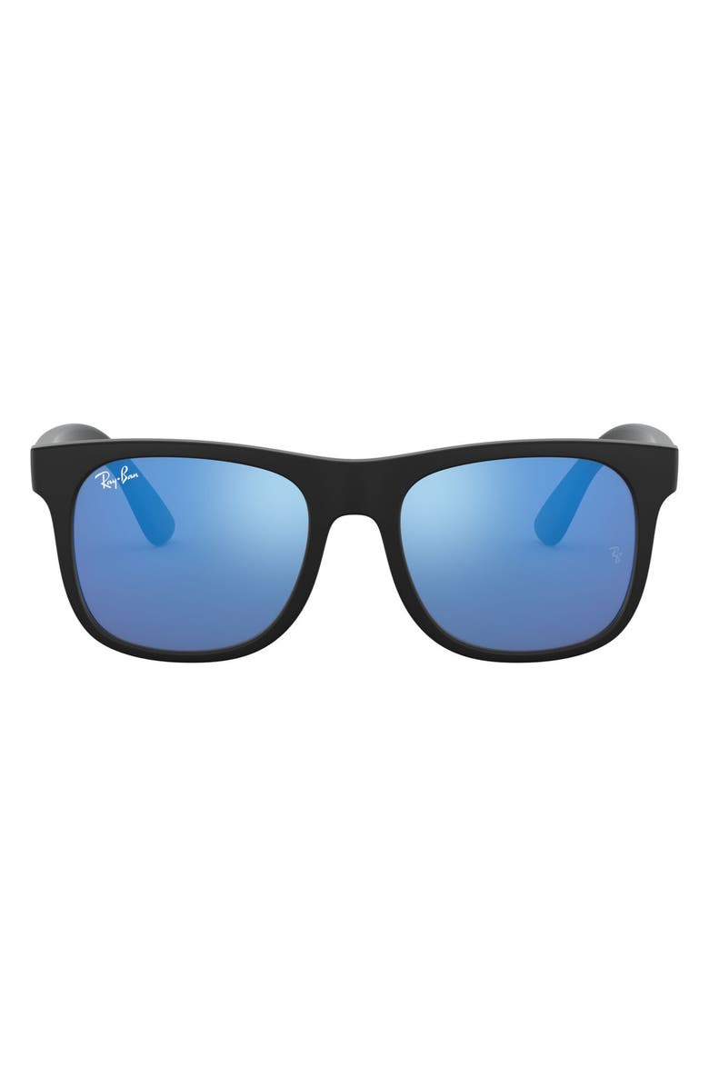 Ray-Ban Junior 48mm Mirrored Square Sunglasses, Main, color, Rubber Black/ Blue Mirror